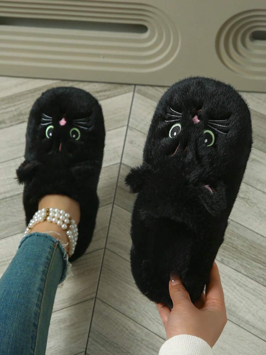 Cute Cat Pattern Plush Slippers, Comfortable & Adorable Home Slippers. Embroidered Black & White Cat Plush Indoor Slippers - Black - View 1