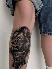 1 Sheets Big Size Body Art Temporary Tattoo Stickers For Men , Black Realistic Animal Style Lion Dad And Lion Baby Pattern, Waterproof Fake Tattoo, Lasts 2-5 Days, Covering Scars, Can Be Used On Arms Wrist Shoulders Legs Waist Neck Hand Chest Thighs - Black - View 3