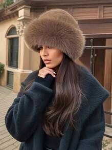 1pc Elegant Solid Color Polyester Fluffy Lined Warm Windproof New Fuzzy Faux Fox Trapper Hat, Thick Ear Protection Bucket Hat, Autumn/Winter Winter Outfits