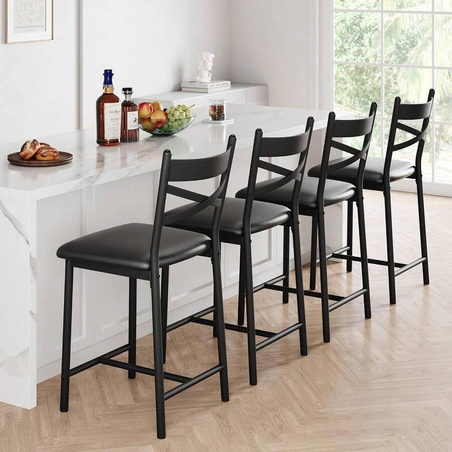 Bar Stools Set Of 2 / Set Of 4, Upholstered Bar Chairs With Back And Metal Legs, Counter Height Barstools For Kitchen Island, Faux Leather Cushion, Easy Assembly - Black - View 1