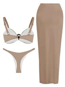 3 Pieces Bikini Set With Coverup Skirt Push Up Swimsuit 2025 Sexy Women Bathing Suits High Waist Beachwear Pink Beach Dress