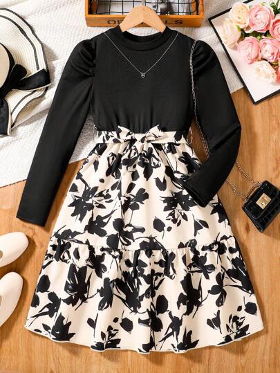 Robe décontracté pour filles printemps/automne, robe à manches longues avec imprimé floral artistique, ceinture à la taille pour filles. Tenue de sortie quotidienne confortable et douce. Vêtements élégants et énergiques pour adolescentes