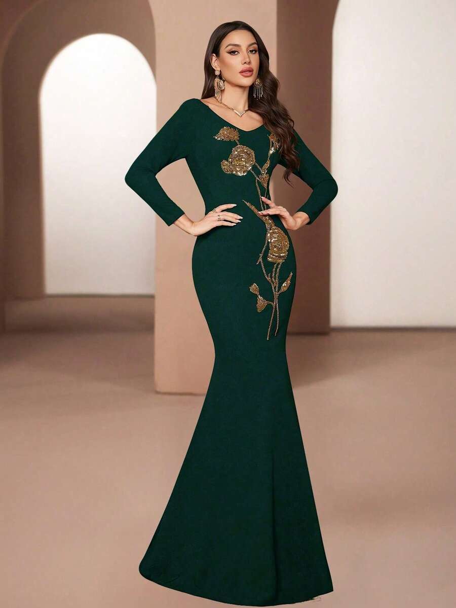 SUPGIR 女式 V 领长袖亮片刺绣修身贴臀美人鱼下摆针织粗麻布气质晚礼服，校服 - 墨綠色 - 查看 1