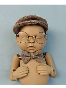 3pcs Newborn Baby Boy Gentleman Striped Beret Hat, Bow Tie And Glasses, Khaki Gray Striped Flat Cap Set, Infant Photography Props, Baby Christening Gift - Multicolor - View 7