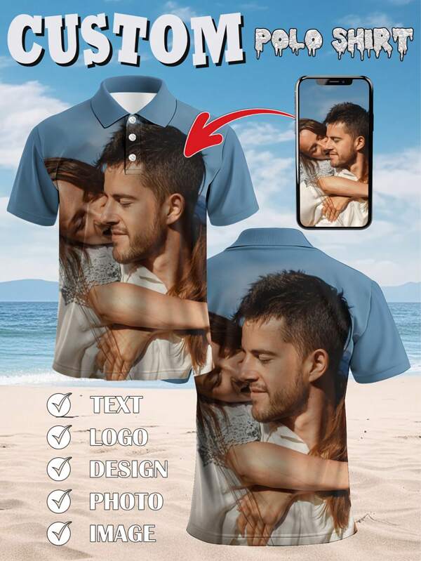 Plus Size Personalized Photo Print Polo Shirt For Men - Customized Family/Couple/Friend Design, Breathable Casual Short Sleeve With Zipper Detail, Suitable For Sports And Daily Wear