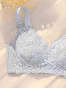 1 件蓝色蕾丝女士无钢圈文胸，轻盈透气速干提升和支撑，可调节 4 钩扣，性感全覆盖新娘内衣 - 淺藍色 - 查看 7