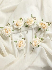 6pcs/Set Elegant Rose Brooch With Pearl Drop, Gold Metal Leaf & Handmade Flower, Vintage-Inspired Jewelry For Brides, Special Occasions & Everyday Elegance