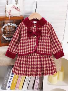 2 件女婴天鹅绒领蝴蝶结格子夹克和百褶裙套装，秋冬优雅装扮 - 酒紅色 - 查看 1
