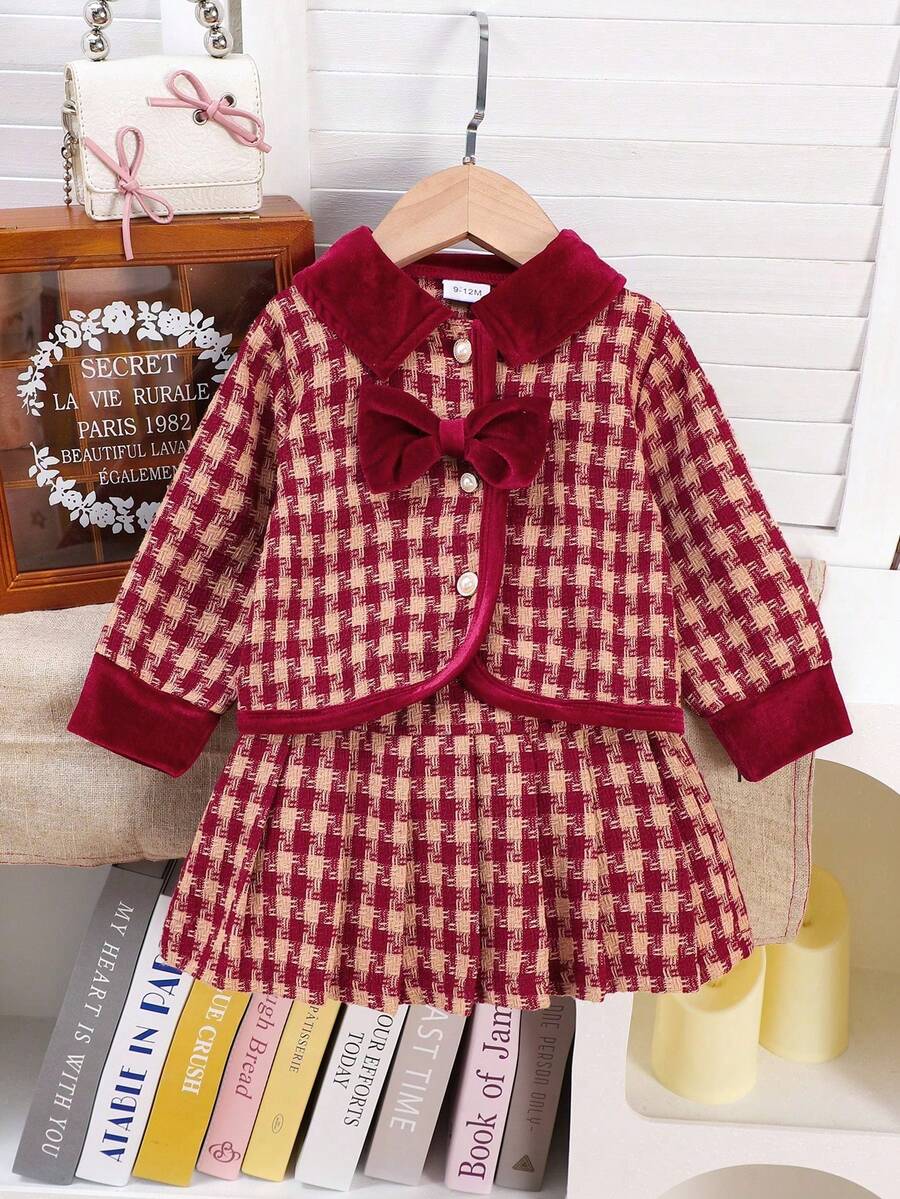 2 件女婴天鹅绒领蝴蝶结格子夹克和百褶裙套装，秋冬优雅装扮 - 酒紅色 - 查看 1