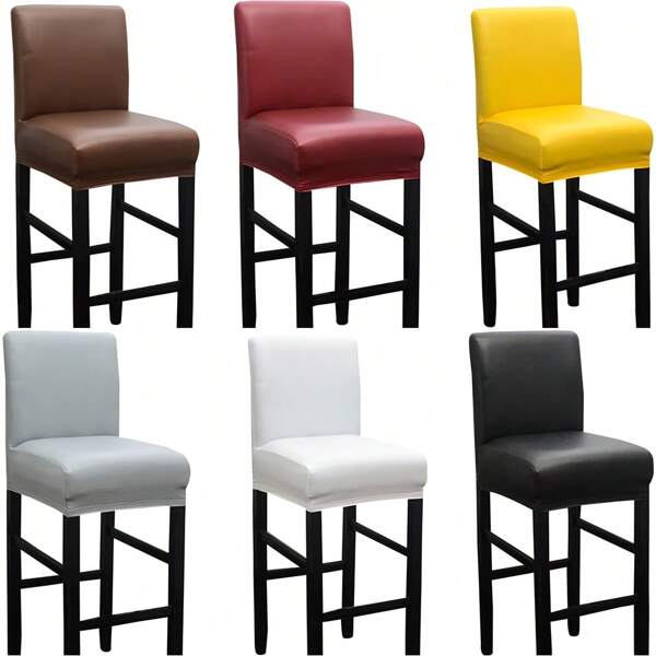 2pcs/4pcs Plain PU Waterproof Chair Covers, Short Backrest Bar Stool Slipcovers, Suitable For Bar Stools, Swivel Bar Stools, Elastic Non-Slip Seat Protector Covers