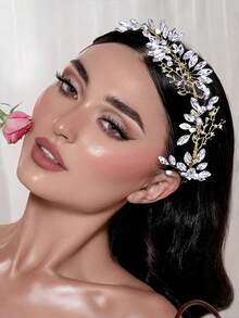 1 件优雅水晶装饰金属叶发夹，时尚新娘婚礼派对发带配饰