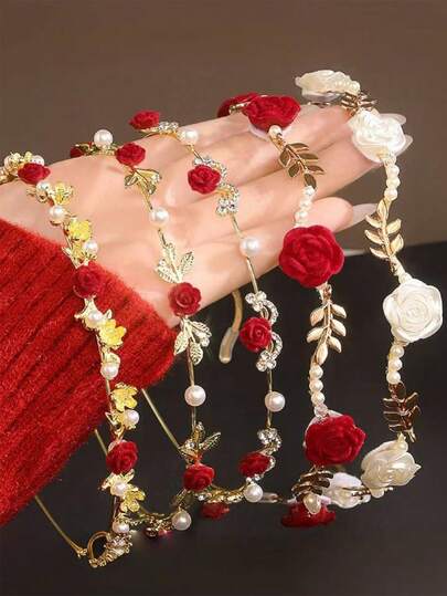 2 Stücke/1 Stück 2026 Neu Aufgerüsteter Strass Rose Blume & Kunstperlen Dekor Haarband, elegante Kopfbedeckung, nicht schädigend & bequem, langanhaltend, geeignet für täglichen Ausgang, Studentenparty, Braut, vielseitiger Haarschmuck Strandaccessoires Sommeroutfits