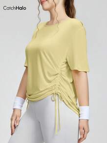 Catch Halo 4-Way Stretch Plus Size Women's Workout T-Shirt - Slim-Fit Short Sleeve & Crew Neck & Off-Shoulder & Cutout Shoulder Basic Solid Color Sport T-Shirt | Tummy Control Figure Contour Slimming Side Drawstring Gathered Waist | Breathable Lightweight Quick-Dry Buttery Soft Atheleisure Casual Workout Top For Yoga, Pilate, Running, Gym, Cheerleader (Cream Yellow, 0XL-3XL)