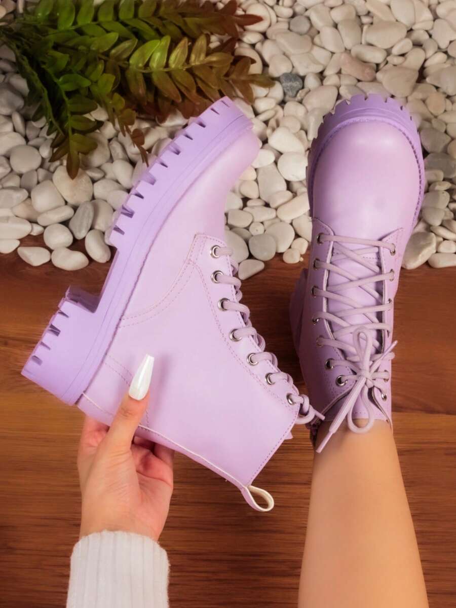 Botas de tacón medio para mujer, botas de tobillo de punta redonda - Botas cortas casuales con suela blanda y ligera, zapatos suaves y cómodos para mujer, botas con cordones y tacón grueso de estilo  Gótico  Vintage - Lila Púrpura - Ver 1