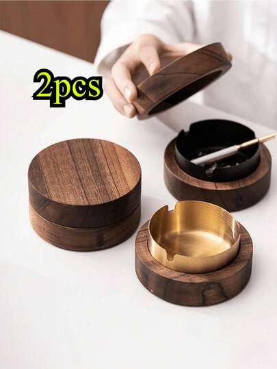 2pcs Walnut Wood & Stainless Steel Ash Tray, Round Desktop Covered Ashtray With Anti-Slip Base, Dustproof & Windproof, Portable, Detachable & Easy To Clean, Elegant Gift, Smoking Accessory For Office & Home
