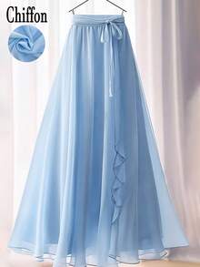 Women's Elegant Solid Color Ruffle Waist Tie Draped Maxi A-Line Long Skirt - Baby Blue - View 1