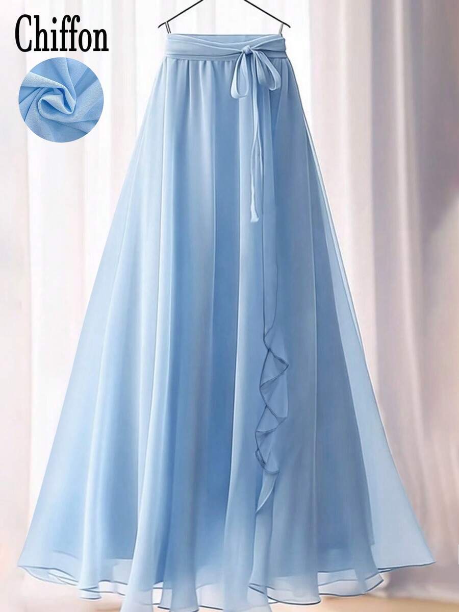 Women's Elegant Solid Color Ruffle Waist Tie Draped Maxi A-Line Long Skirt - Baby Blue - View 1
