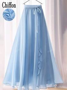 Women's Elegant Solid Color Ruffle Waist Tie Draped Maxi A-Line Long Skirt