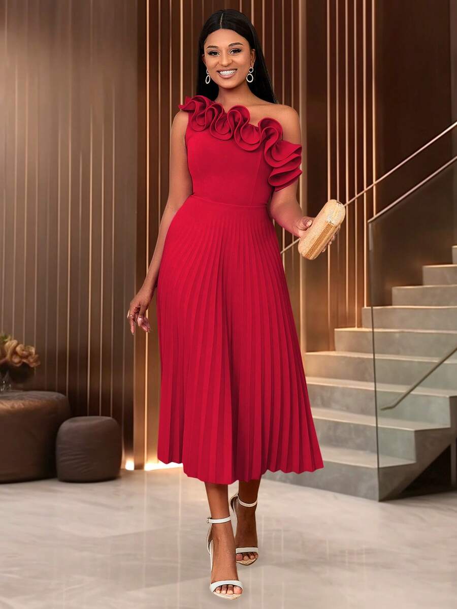 One Shoulder Frill Neck Pleated Dress Party Summer