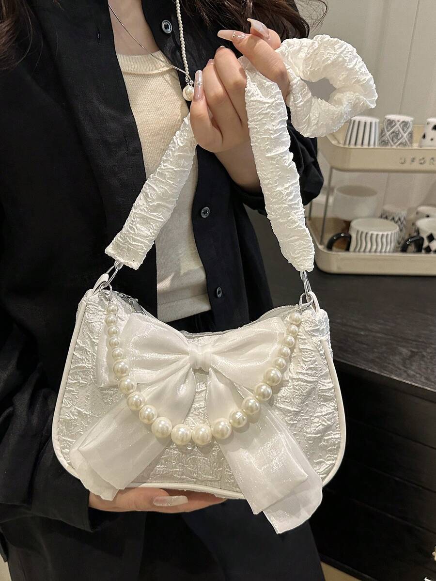 女士仿珍珠肩带蝴蝶结装饰云褶单肩包，优雅仿珍珠包，时尚女士蝴蝶结钱包，可爱女士蝴蝶结包 - 白色 - 查看 1