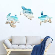 3 Pcs Summer Wall Decor Wooden Crabs Seahorses Sea Turtle Wall Decor Hanging Ocean Wall Arts Beach Theme Art Decorations For Bathroom Outdoor Indoor House Office - Mint Blue - View 5
