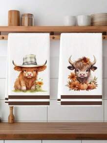 2Pcs Kitchen Towel Watercolor Floral Highland Cow Country Style Farmhouse Dish Towel Kitchen Dishwashing Hand Tea Towel Kitchen Dry Dish Towel Suitable For Kitchen Restaurant Dining Table