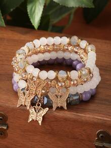 4pcs/Set Bohemian Style Multilayered Gem Butterfly Pendant Asymmetrical Beaded Bracelet Set Suitable For Daily Wear - Time Gem Butterfly Bracelet - View 6
