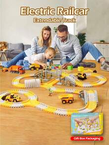 儿童DIY积木轨道拼接拼图玩具，电动轨道玩具工程迷你车套装拼图男孩玩具轨道车火车玩具，适合儿童生日、万圣节、圣诞节、新年礼物