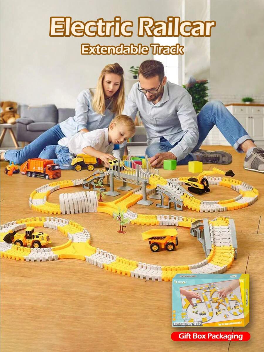 儿童DIY积木轨道拼接拼图玩具，电动轨道玩具工程迷你车套装拼图男孩玩具轨道车火车玩具，适合儿童生日、万圣节、圣诞节、新年礼物