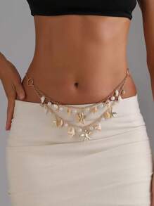 Summer Sexy Beach Body Chain Necklace With Shell And Starfish Pendants, Multi-Layer Waist Chain For Casual/Beach Outfits