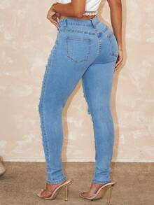 Women's Mid-Waist Washed Ripped Skinny Jeans, Sexy Distressed Denim Pants - Light Wash - View 2