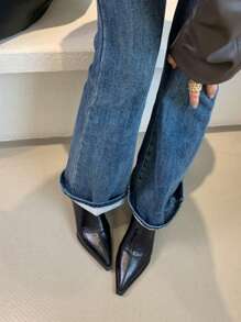 2025秋冬新款欧美尖头高跟短靴修身拼接踝靴复古棕色短靴女靴