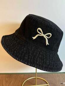 1 件女士新款蝴蝶结刺绣渔夫帽韩版时尚遮阳休闲街头牛仔渔夫帽 - 彩色 - 查看 2