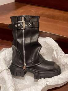 Punk Goth Women's Ankle Boots Fold Over Wedge Heel Booties Wide-Calf Short Shoes Fashion Motorcycle Boots - màu đen - Xem 3