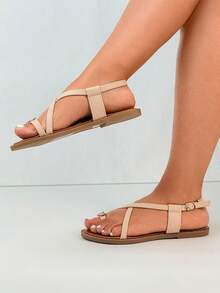 Soft Bottom Thong Sandals With Rhinestone Bowknot,Fashionable Versatile Flat Shoes - Beige - View 4