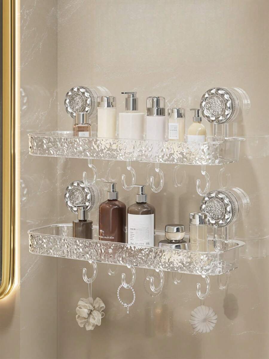 1pc Rectangular Storage Rack - Bathroom Organizer, Large Capacity, Wall-Mounted Suction Cup Installation, Transparent Bathroom Shelf With Hooks & Drainage Holes, Summer Bathroom Essential, Suitable For Bathroom, Kitchen, Study, Dressing Table