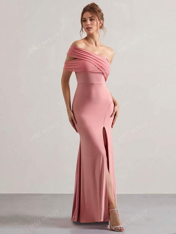 Elegant Madam Style Sexy Sheer Luxury Dress, Off Shoulder Backless Slit Prom Party Dress For Women