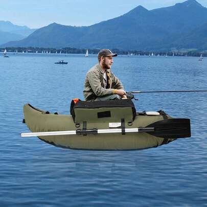 Inflatable Fishing Boat With Adjustable Backrest, 286.6 Lbs Load Capacity, Compact Design, Includes Fish Ruler And Storage Bag For Outdoor Adventures