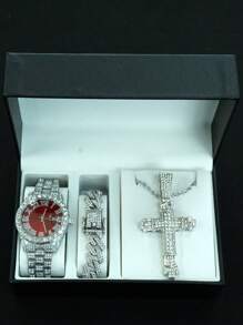 1 Set Confezione regalo uomo con ciondolo a croce 3D con catena intrecciata, bracciale con diamanti e orologio, regalo di moda di alta qualità personalizzato per amici