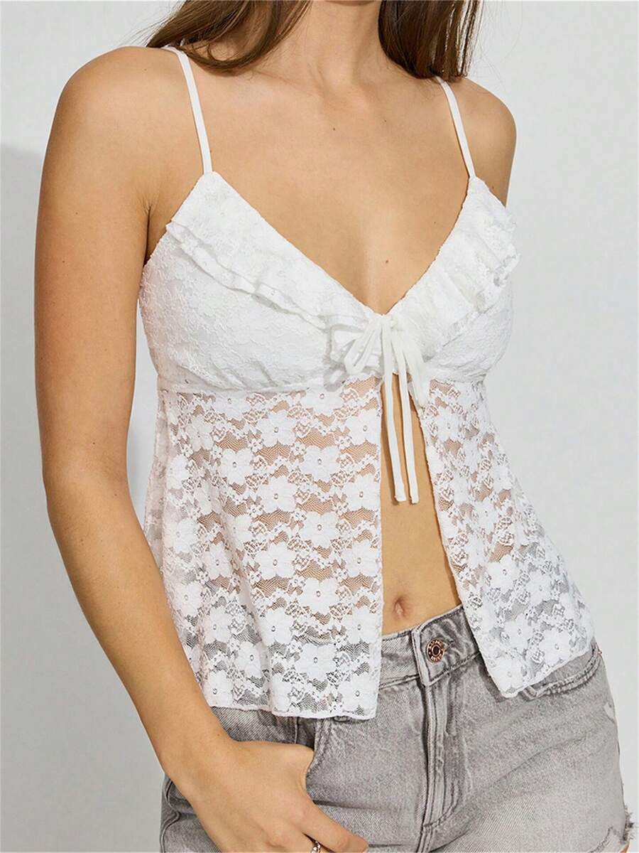 Women's Cropped Lace Vest Cami Tops Sleeveless Open Back Open Front Going Out Tops Tie Up Tank Tops - White - View 1