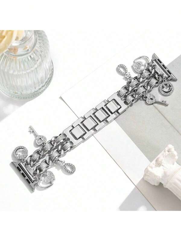 1 pieza Nuevo Brazalete con doble cadena y adorno de brillo para,compatible con Ultra 3/2/1, SE Serie 10/9/8/7/SE/6/5/4, de 38mm a 49mm, Pulsera para smartwatch como regalo para ella, ajustable