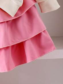 2pcs/Set Girls Stylish Cute Bow Rhinestone Long Sleeve Sweatshirt + Cake Skirt Outfit, Spring Autumn - Pink - View 5