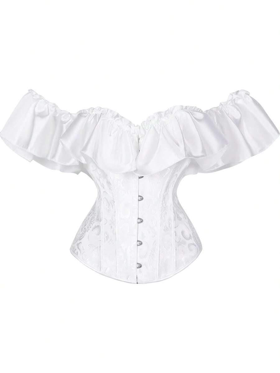 Women's Corset Bustier Button Down Back Tied Stylish Embroidered Ruffled Trim Strapless Slim Fit Off The Shoulder Tops - trắng - Xem 1