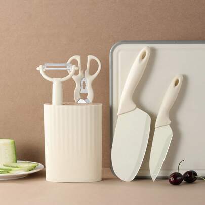 5pcs Cream Style Kitchen Tool Set Including Knife With Knife Stand, Sharp Vegetable Knife For Home, Student Dorm, Food Preparation