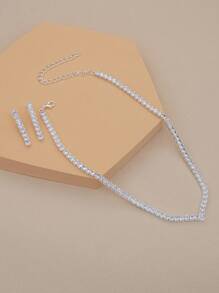 1pc Square Zirconia Pendant Necklace & 1 Pair Rectangular Zirconia Earrings, Two Pieces Set, Fashion Formal Dress Accessories