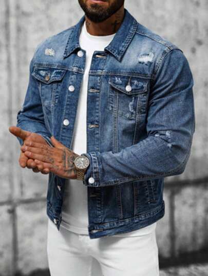 Herren Destroyed Denim Jacke, koreanische Mode Stylische Kragen Vintage Gewaschen Denim Jacke, für den Herbst