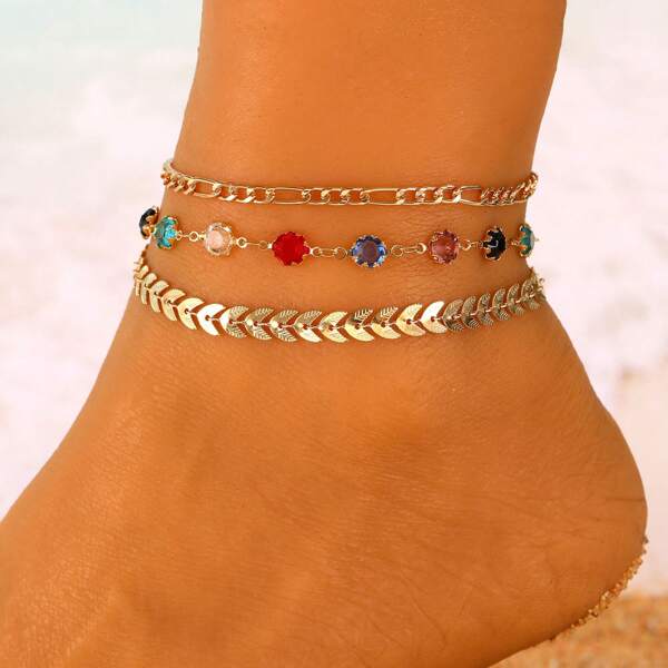 3pcs Fashionable Multi-Layer Gold-Color Anklet, Sparkling Colorful Crystal Beads Beach Party Anklet For Women, Suitable For Daily, Party, Beach Trip, Handmade Adjustable Length