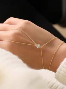 1 pieza Brazalete de mujer con hoja de diamante de estilo bohemio y cristal, brazalete de cadena fina simple para el dedo, accesorio de joyería como regalo