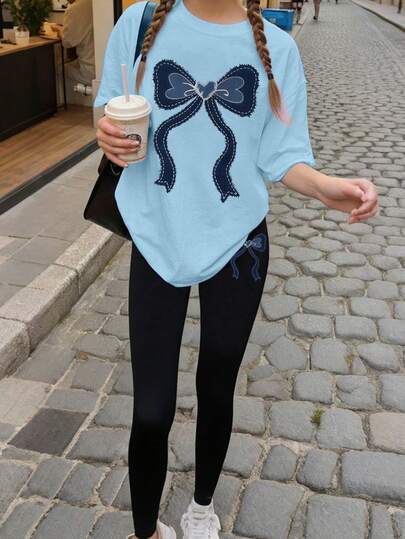 2pcs Set Girls Sweet & Fresh Bow - Decorated Outfit, Comfortable & Skin - Friendly, Spring & Summer Daily Casual Wear