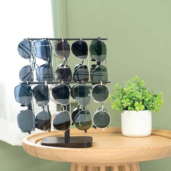 1pc Sunglasses Organizer Glasses Holder Stand, Sunglass Storage Eyeglasses Display Rack Metal Frame With Wood Base For Table Desk Countertop Dresser Bedroom